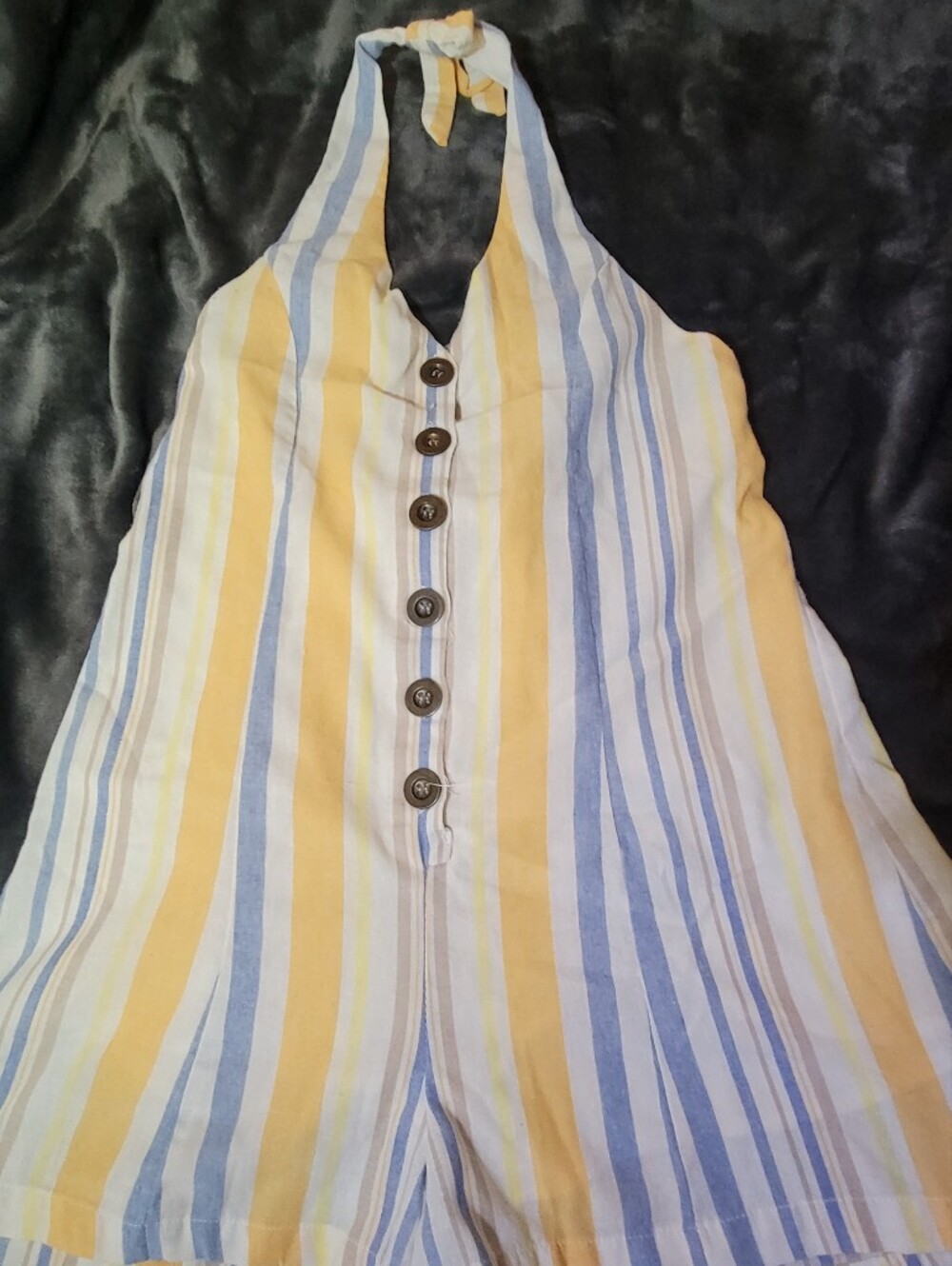 Striped Halter Button-Front Jumpsuit - Yellow & Blue